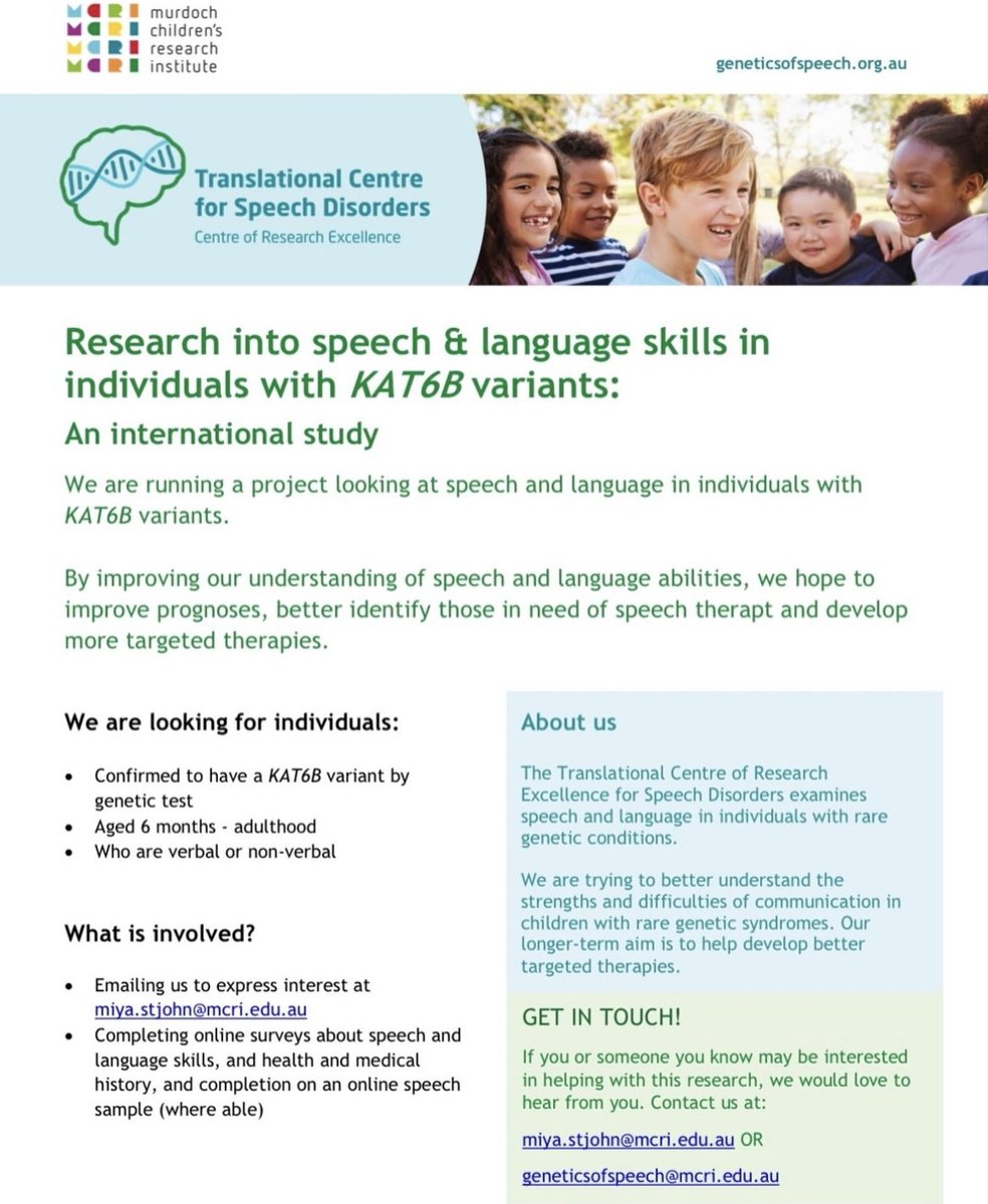 Calling all KAT6B families! @MCRI_for_kids is hosting a study on speech and language development in folks with KAT6B gene variants. If you or a loved one has a gene change in KAT6B and would like to participate, please reach out via email to miya.stjohn@mcri.edu. @MiyaDStJohn