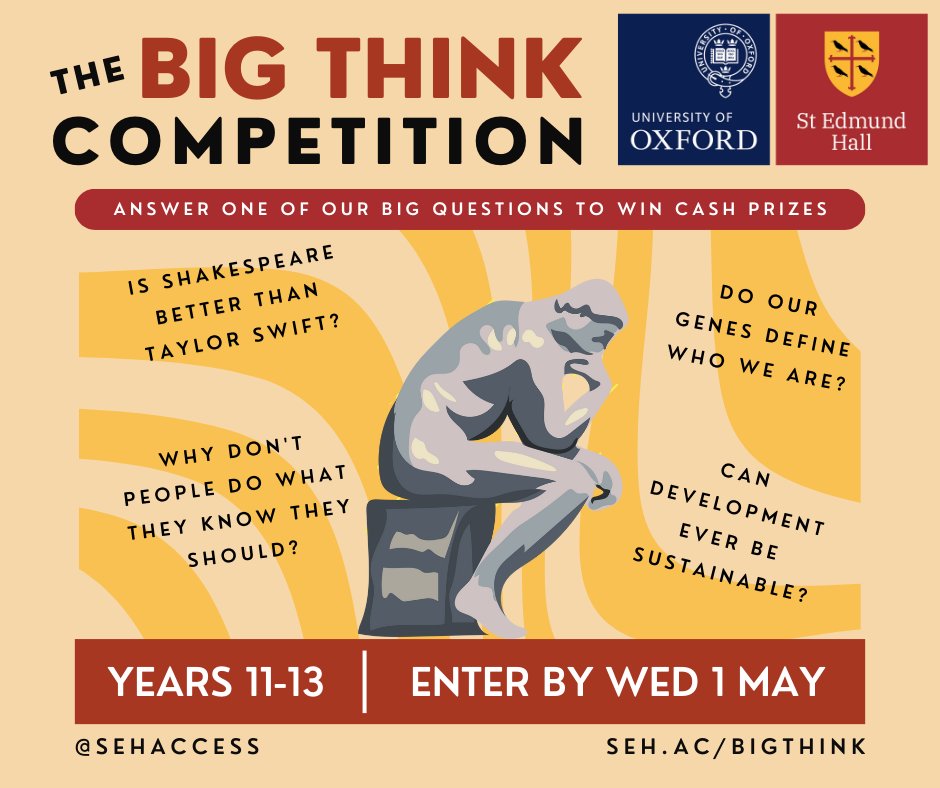 A reminder that our Big Think Competition is closing on Wed 1 May! 
Be sure to submit your entries online via seh.ac/bigthink before the deadline. We can’t wait to see all your wonderful entries – good luck! 😊🤞
#personalstatement #supercurricular #oxbridge