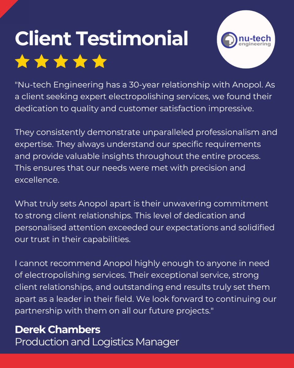 It's a pleasure to receive feedback like this from one of our long-standing client relationships. Thank you to Nu-tech Engineering. 👏

#anopol #electropolishing #pickling #passivation #stainlessteel #ukmfg