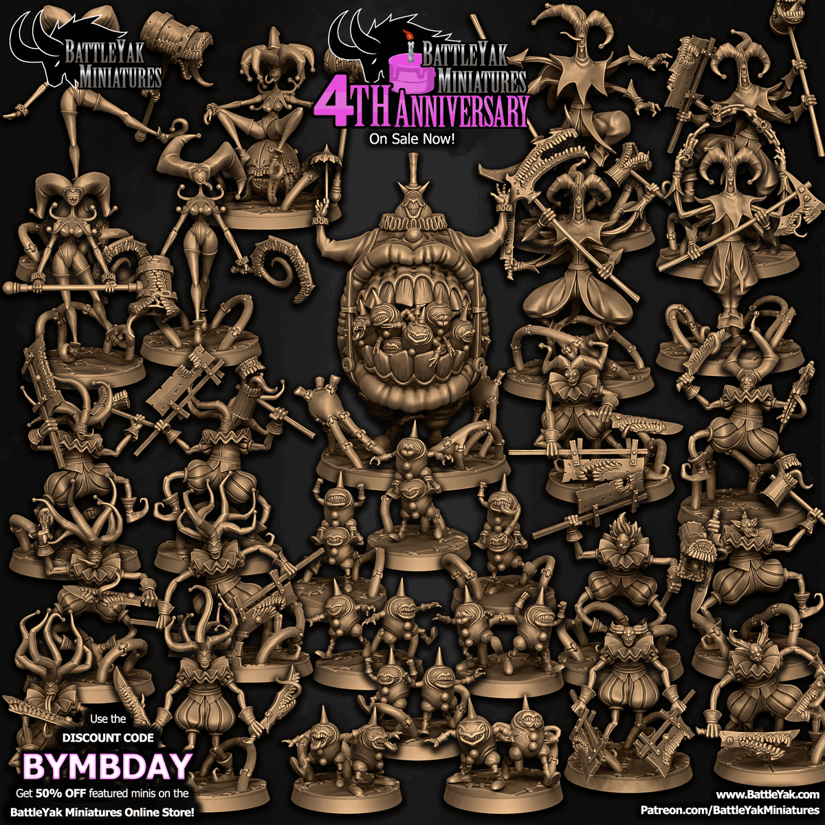 Battle Yak Miniatures turned 4 years old this March! Celebrate on the online store with the code BYMBDAY! battleyak.com #3dprinting #tabletopgaming #3Dsculpting #dnd #pathfinder #wargaming #ttrpg #eldritch #clowns #miniatures