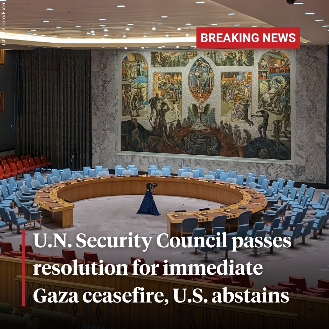 The United Nations Security Council has passed a resolution demanding an immediate ceasefire in Gaza and the release of all hostages. The measure passed 14-0, with the United States abstaining.