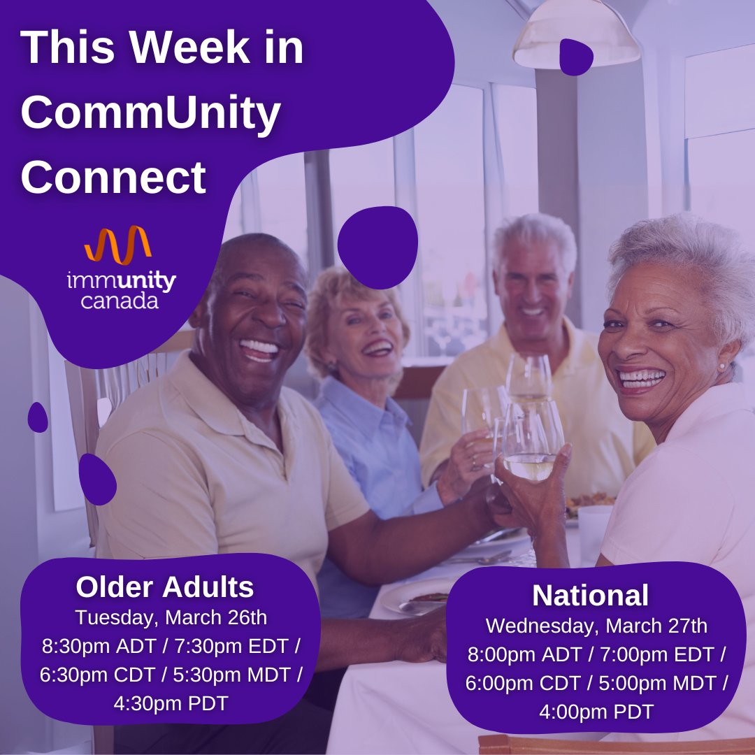 This week, we're hosting the Older Adults (65+) and National CommUnity Connect Groups!

Registration is required to attend, please register through the events page on our website.
#immunodeficiency #immunedeficiency #primaryimmunodeficiency #ThinkZebras #patientgroup