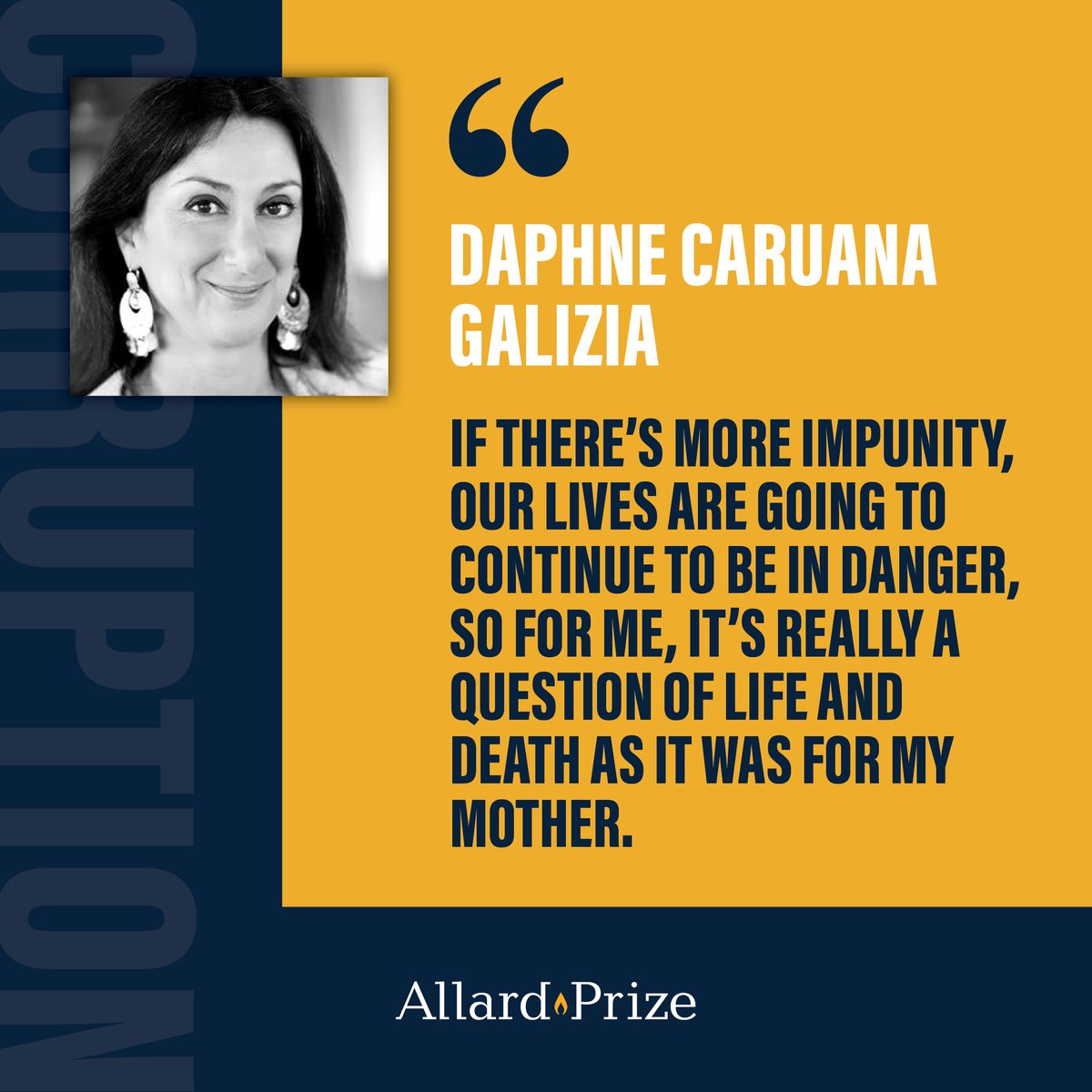 Daphne Anne Caruana Galizia was a Maltese writer, journalist, blogger and anti-corruption activist, who reported on political events in Malta. Watch the full video on YouTube: youtube.com/watch?v=zPKUQa… #AllardPrize #CourageousLeadership #EthicalLeadership #InspiringStories