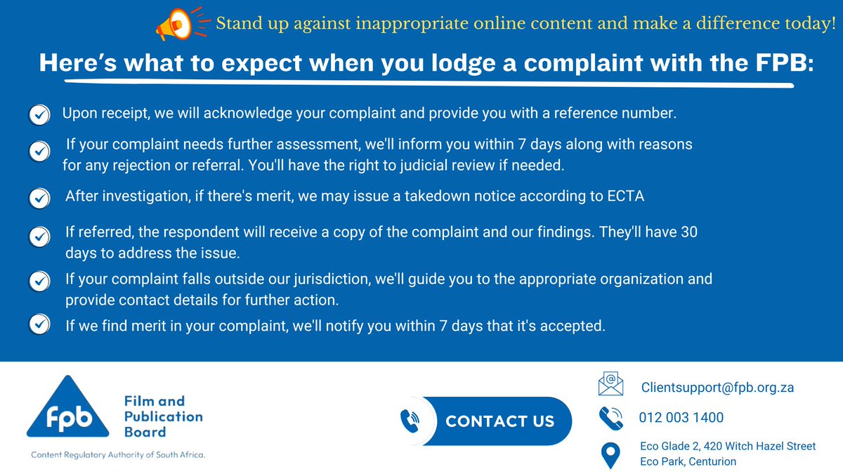 Here is what to expect when you lodge a complaint with the FPB. Remember to lodge your complaint on our website complaints.fpb.org.za or send an email to clientsupport@fpb.org.za and uncover the impact of your voice! Stand up against inappropriate online content! #OnlineSafety
