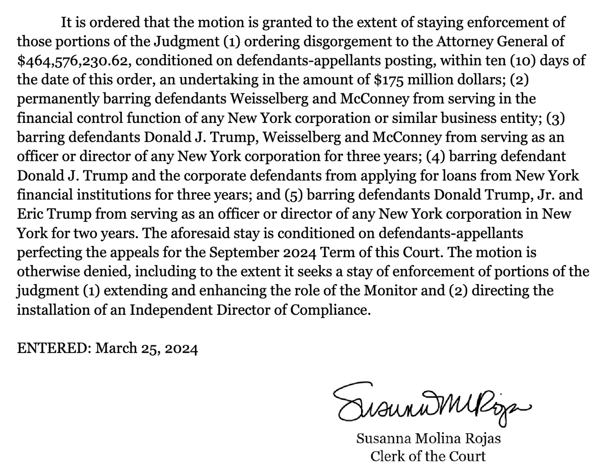 KlasfeldReports's tweet photo. News:

A New York appellate court partially GRANTS a stay of Trump's civil fraud judgment, if the former president posts $175 million.

Doc https://t.co/Brm79v1Dn6 https://t.co/QUU8DmRXaX