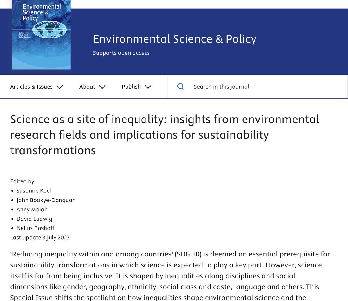 This whole collection on Science as a Site of Inequality is shaping up to be a must-read. Great set of critiques on the funding and 'doing' of global #sustainability & #climate science. Happy to have contributed with @YingSyuanHuang & @katharine_v. sciencedirect.com/journal/enviro…