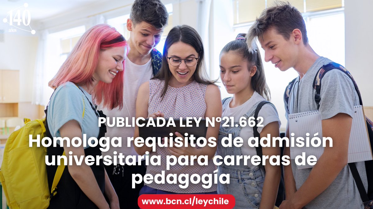 Publicada Ley 21.662. Modifica la ley N° 20.903 para homologar los requisitos de admisión universitaria para las carreras y programas de pedagogía.
Disponible en bcn.cl/3ihco
Historia de la ley s.bcn.cl/3ihbg