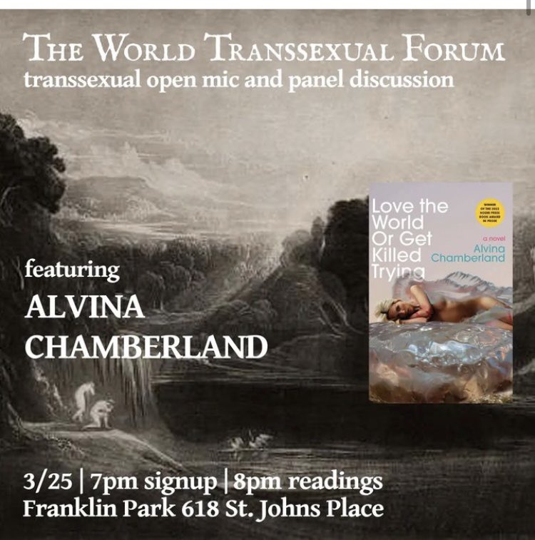 TONIGHT: Join us for @WorldTransForum, our monthly open mic for trans and GNC writers, plus a panel featuring noted author Alvina Chamberland! Hosted by @xerxesverdammt and @TruckLesbian. Sign-up for open mic 7pm, program 8pm. Attendance open to all. #free #crownheights