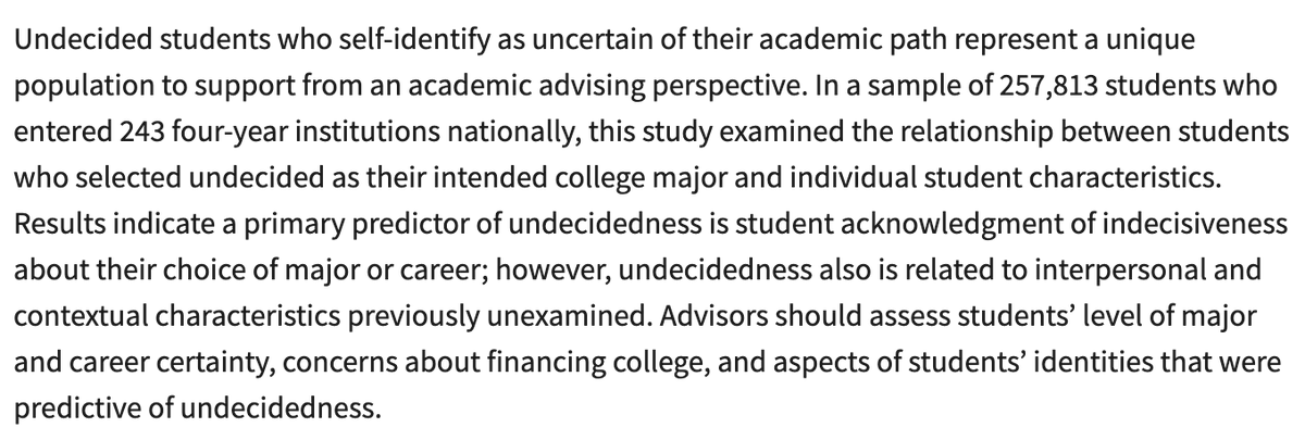 Our final article from 43(2) to highlight is "Demographics, Purpose, and Dreams: Predicting Entering College as an Undecided Major Student" by Casandra Harper, Rachel Orr, &amp; Ellen Bara Stolzenberg! #AcAdv <a href="/NACADA/">NACADA</a> Read it here: doi.org/10.12930/NACAD…