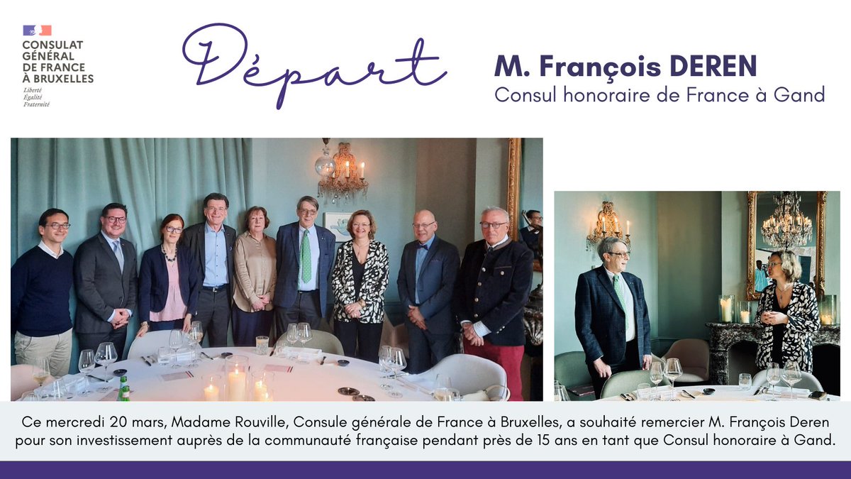 Ce mercredi 20 mars, Madame Rouville, Consule générale de France à Bruxelles, a salué M. François Deren, Consul honoraire à Gand pour son engagement auprès de la communauté française pendant 15 ans. 👏 #DreamTeam @FR_Consulaire