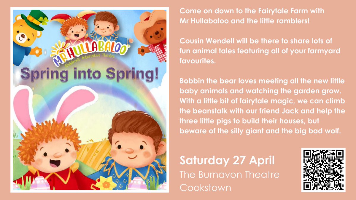 Mr. Hullabaloo's Spring into Spring is on sale now at burnavon.com/whats-on/mr-hu… Please note that children under 2 go free however a complimentary ticket must be booked via the Box Office 028 867 69949.