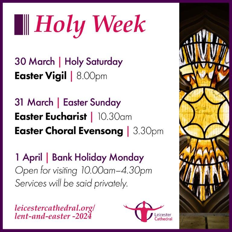 Join us for our Special Services for Holy Week. Everyone is welcome. Read more about the Services here - leicestercathedral.org/lent-and-easte…, and look out for our short videos about the Easter Services in the coming days.