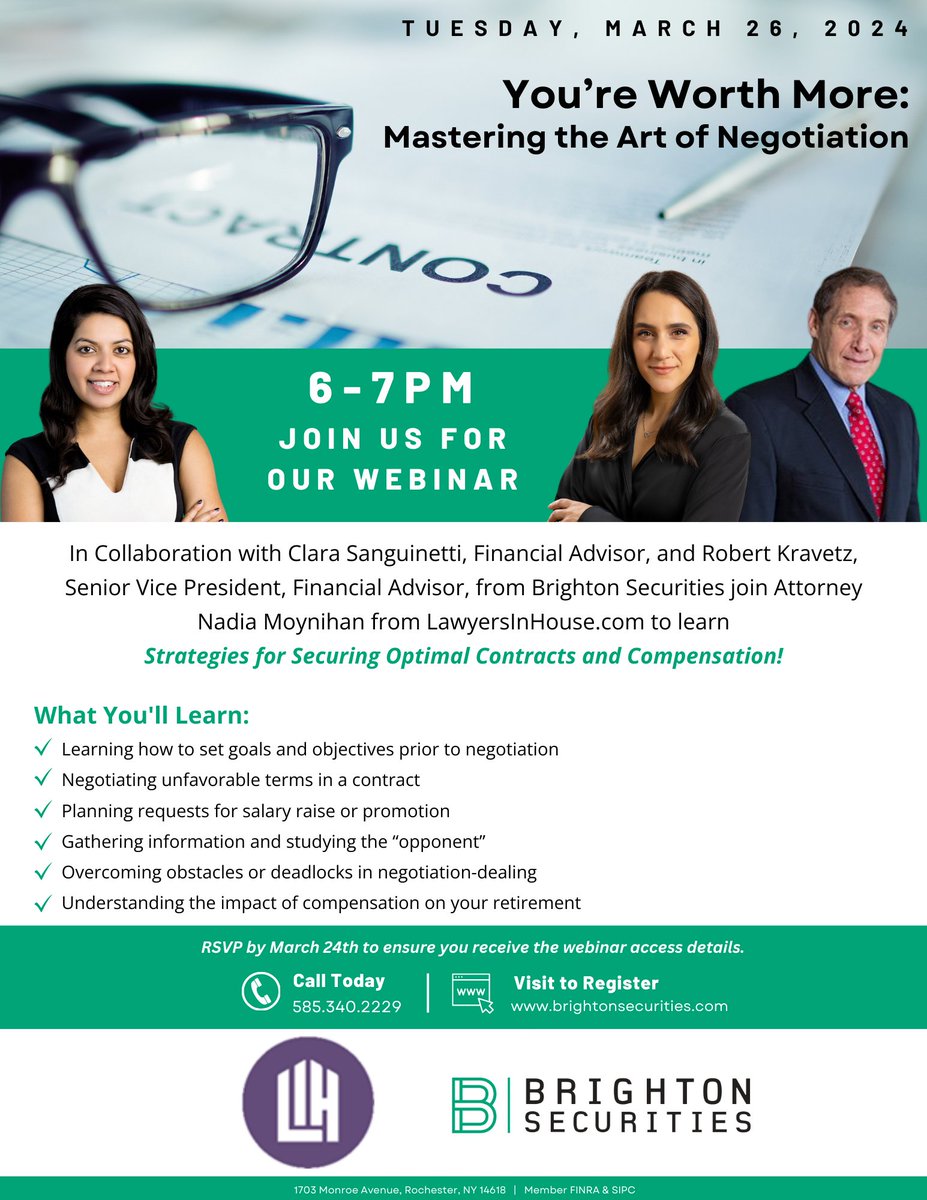 There's still time to register! Join Clara Sanguinetti, Financial Advisor, and Robert Kravetz, Senior Vice President, Financial Advisor, from Brighton Securities & Attorney Nadia Moynihan from LawyersInHouse.com for our upcoming webinar tomorrow You’re Worth More: Mastering…