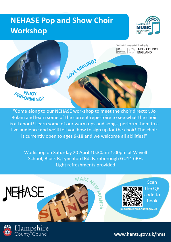 Do you know an 9-18 year old living in North East Hampshire who loves to sing? Why not come along to our NEHASE workshop to meet the choir director, Jo Bolam, and learn some of the current repertoire to see what the choir is all about!
