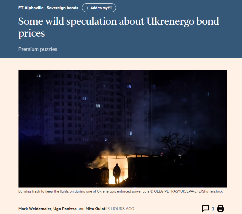 New <a href="/FT/">Financial Times</a> <a href="/FTAlphaville/">FT Alphaville</a> piece on the Ukrenergo bond. Thanks to <a href="/RobinWigg/">Robin Wigglesworth</a> for the hospitality and to Mitu and @mweidemaier for letting me freeride on this (as  always)

1/2
(link below)