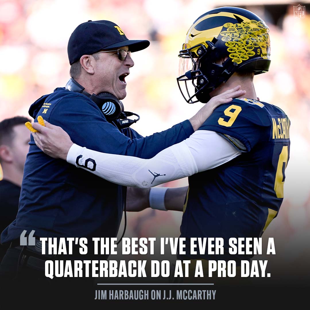 Jim Harbaugh was very impressed with @jjmccarthy09 at @UMichFootball's Pro Day. 👀