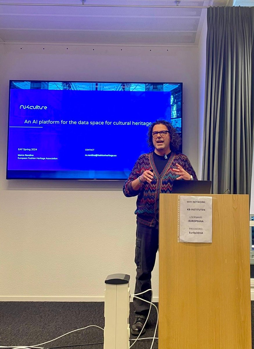 AI4Culture (@ai4culture) on Twitter photo Today, during the Europeana Aggregator Forum, <a href="/mrendina/">Marco Rendina (meet me on @mrendina.bsky.social)</a> from @eurfashion gave the audience a sneak peek at the AI4Culture platform. A treat for the lucky ones there - and soon the platform will be launched and available to everyone. Stay tuned!
<a href="/Europeanaeu/">Europeana</a> #EAF Today, during the Europeana Aggregator Forum, <a href="/mrendina/">Marco Rendina (meet me on @mrendina.bsky.social)</a> from @eurfashion gave the audience a sneak peek at the AI4Culture platform. A treat for the lucky ones there - and soon the platform will be launched and available to everyone. Stay tuned!
<a href="/Europeanaeu/">Europeana</a> #EAF