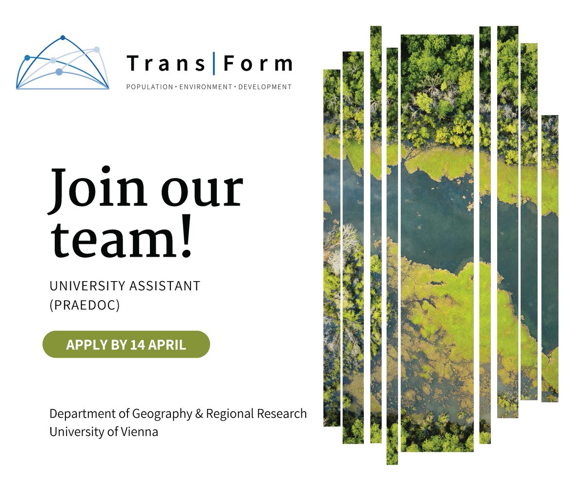 Trans|Form Research (@transform_res) on Twitter photo 📢 WE ARE HIRING 📢
✨University Assistant (PraeDoc) ✨
🔍 Climate mobilities: Limits of migration as adaptation
➡️ Fully-funded, four-year PhD position
🗓️ Apply by 14 April 2024
🔗jobs.univie.ac.at/job/Universit%…
#AcademicTwitter #PhDposition #AcademicJobs
<a href="/stem_univie/">University of Vienna STEM</a> <a href="/univienna/">Universität Wien</a> 📢 WE ARE HIRING 📢
✨University Assistant (PraeDoc) ✨
🔍 Climate mobilities: Limits of migration as adaptation
➡️ Fully-funded, four-year PhD position
🗓️ Apply by 14 April 2024
🔗jobs.univie.ac.at/job/Universit%…
#AcademicTwitter #PhDposition #AcademicJobs
<a href="/stem_univie/">University of Vienna STEM</a> <a href="/univienna/">Universität Wien</a>