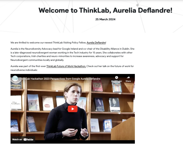 I am personally thrilled to be welcoming Aurelia Deflandre as our newest @ThinkLabCam Visiting Fellow! Aurelia is Neurodiversity Advocacy lead for @Google Ireland, and you can read more about her work below: …trategic-partnerships.admin.cam.ac.uk/posts/2024/03/… #neurodiversity #FutureOfWork