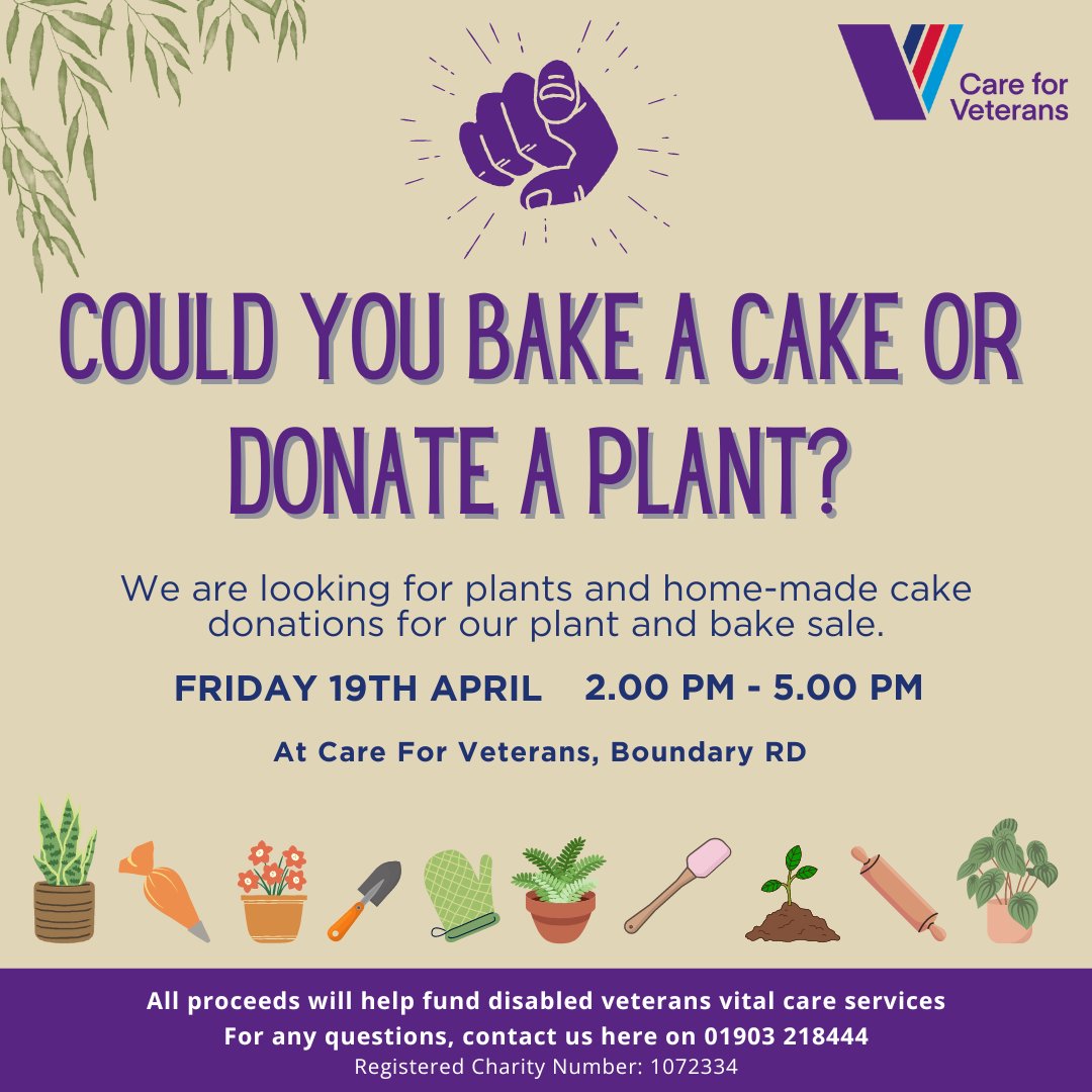 Could you bake a cake/donate a plant for the Care for Veterans plant and bake sale on Friday 19th April? Donations of plants and homemade cakes are always welcomed! Every pound raised will support the care and rehabilitation of our veterans.
#careforveterans #cakesale #worthing