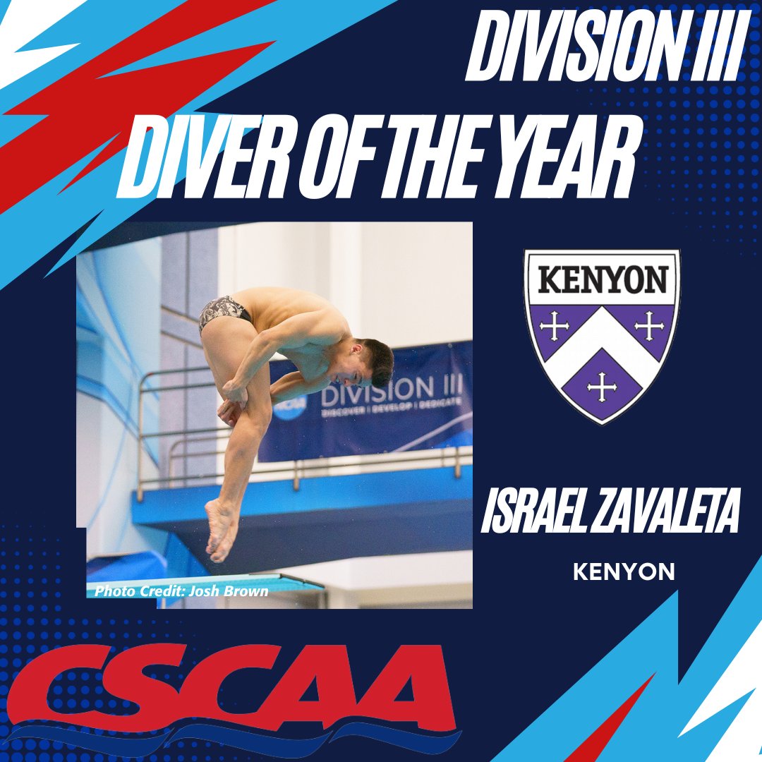 We are excited to announce Justin Finkel of Connecticut College and Israel Zavaleta of Kenyon as the CSCAA Division III Men’s Swimmer and Diver of the year #CSCAA #DIII @CamelAthletics @kenyonswimdive @NESCAC @NCAC