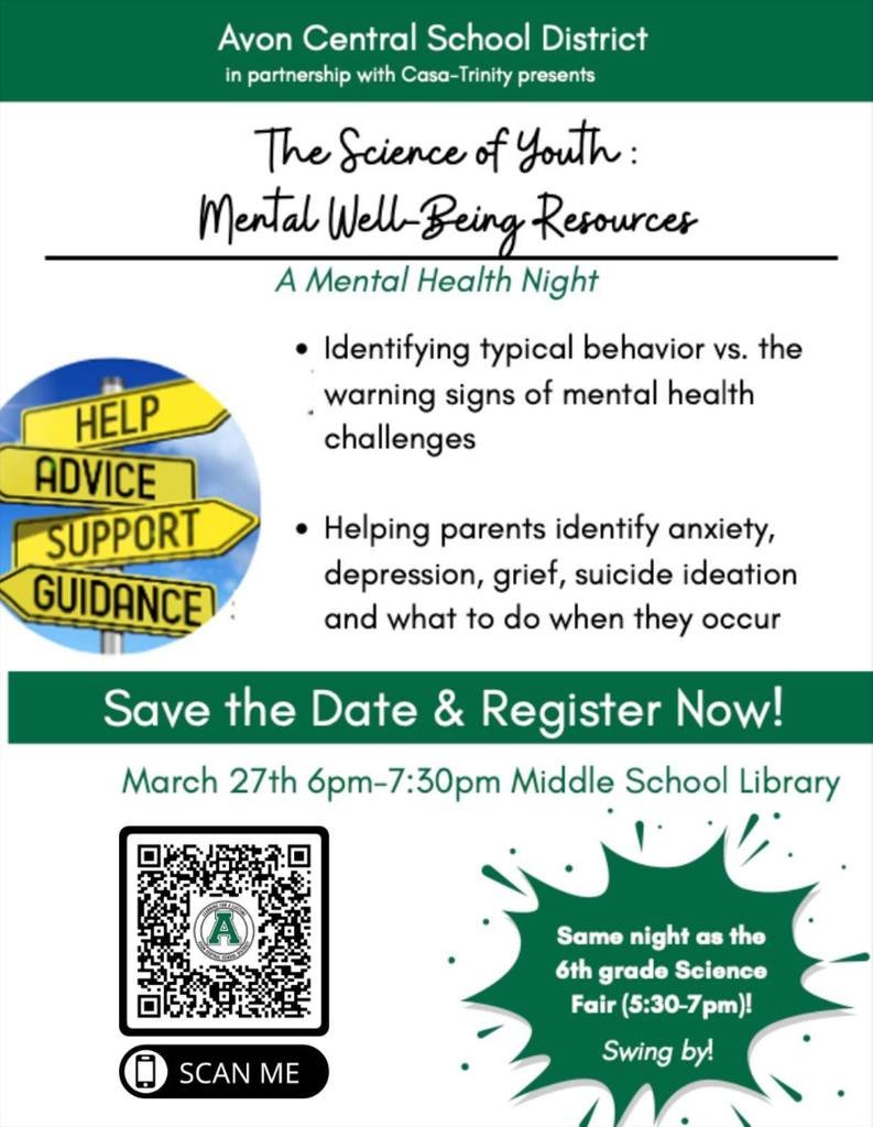 Join us tonight, 5:30-7pm, at the Elementary Media Center for a talk on understanding your child's mental health. Learn what warning signs to look out for and what resources are available. If you can't make it tonight, another session will be held Wednesday at the Avon MS Library