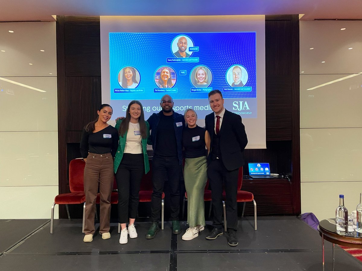 💫 Making the case for talent, storytelling and networking at our #SJAshowcase event! Thank you to @Sanny_Rudra @mimwalkerkhan @_morganharlow @rio_rosenberg_ @MrNickRansom for a truly outstanding panel chat 🙌 📢 The SJA is proud to amplify the Diversity Sport Alliance #SJA2023
