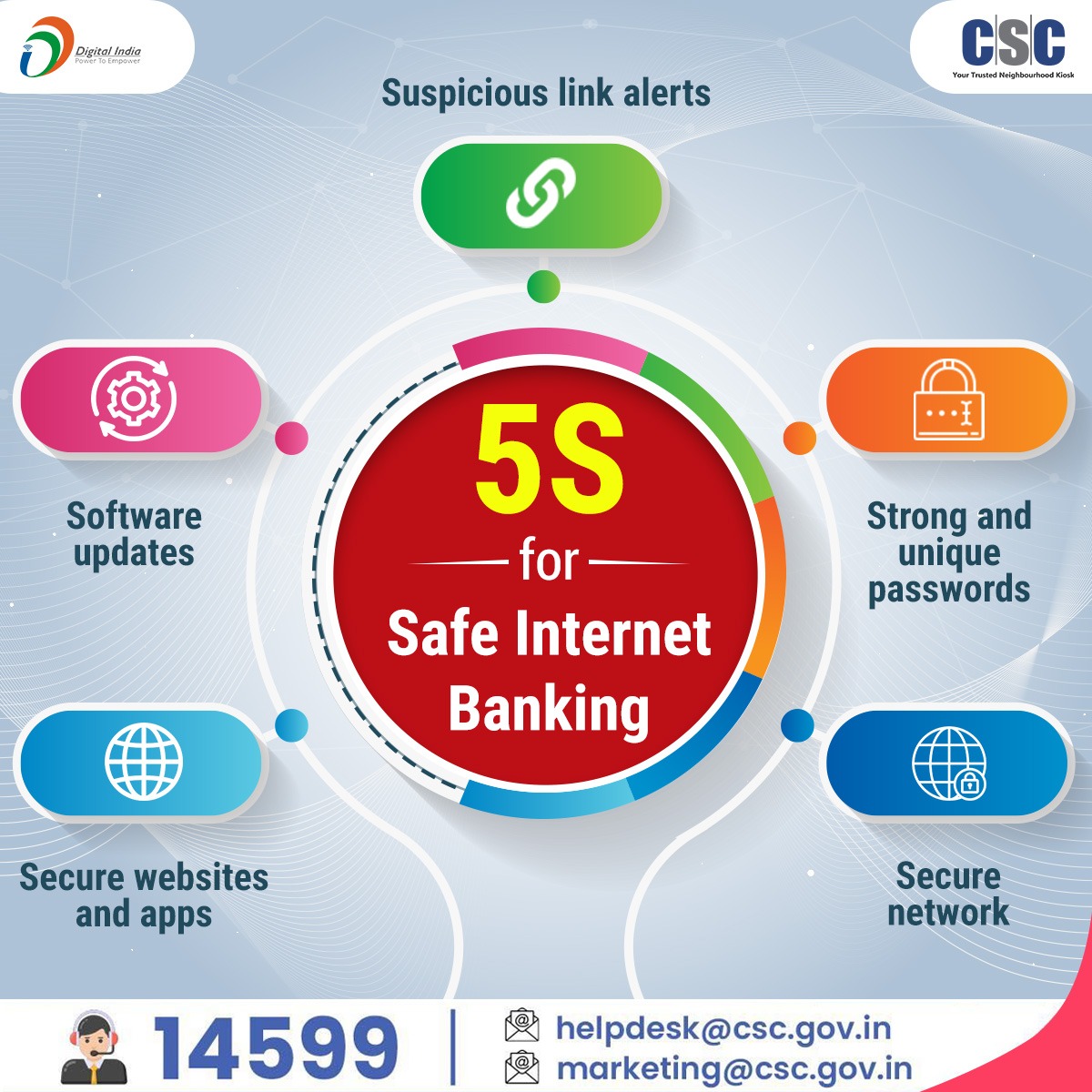 VLEs beware of fraudsters...

Here are the 5S for Safe #InternetBanking:

-Suspicious link alerts
-Software updates
-Strong and unique passwords
-Secure websites and apps
-Secure network

For any queries, please call 14599 or write to helpdesk@csc.gov.in or marketing@csc.gov.in
