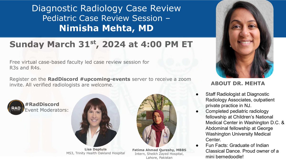 Peds Review Session Dr. Nimisha Mehta Sun Mar 31, 2024 4PM ET @DrOverfieldMD @totallyskates @garciapiresmd @FatimaElahi21 @DrCamHenry @MarcusKonner @Rads_is_rad @DavidLPayneMD @yiaimerose @JosephGeorgeAy