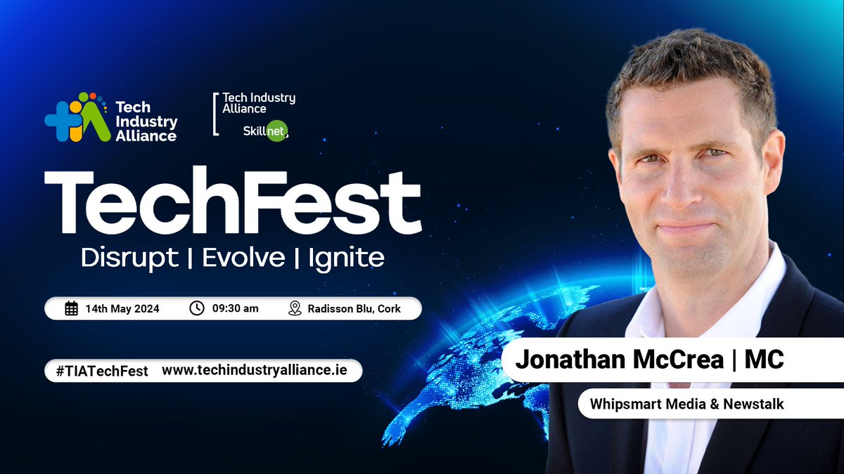 We are delighted to announce that Jonathan McCrea will be the MC again for this year's TechFest. Jonathan is a multi-award-winning science and technology broadcaster, his work has reached millions across various outlets. Find out more: techindustryalliance.ie/event/techfest… #tiatechfest
