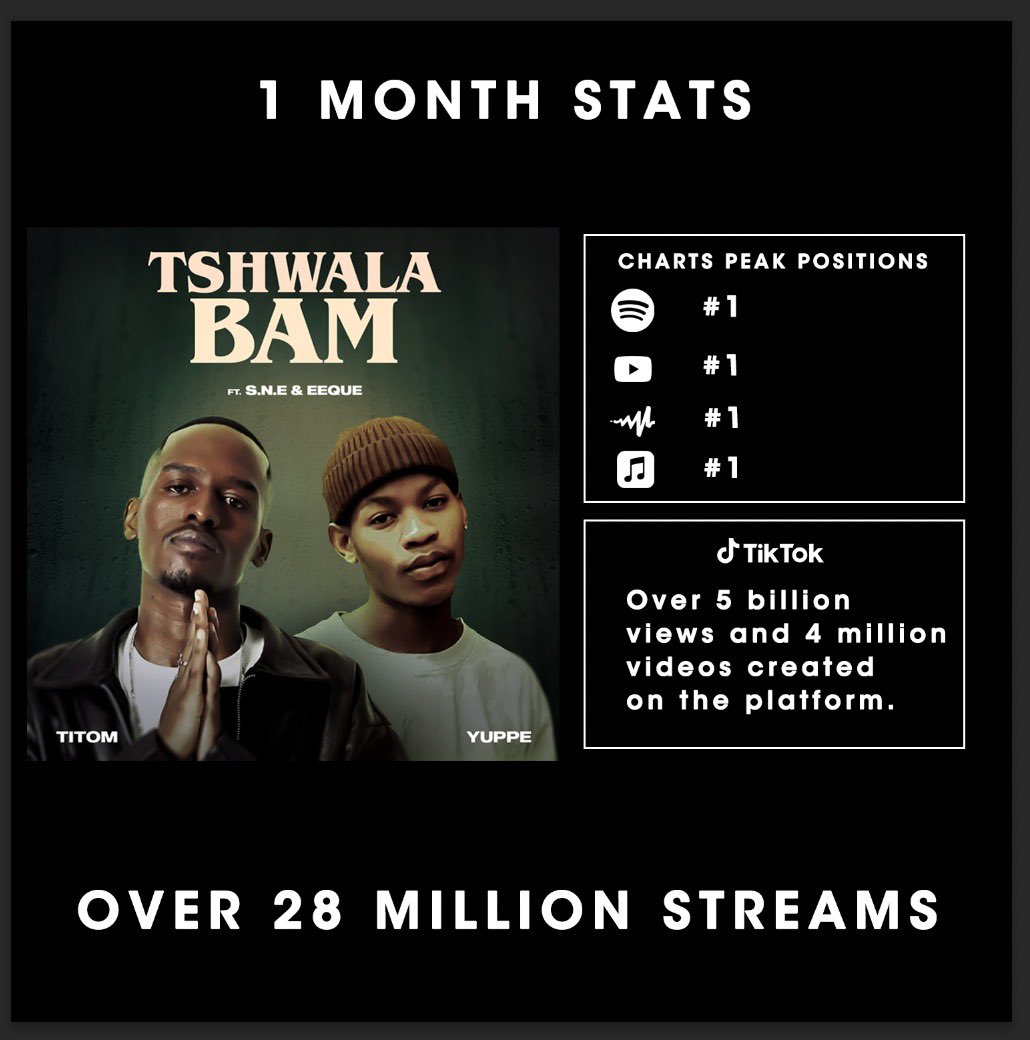 In one month TshwalaBam accumulated 28MILLION overall streams 😭🙌🏾