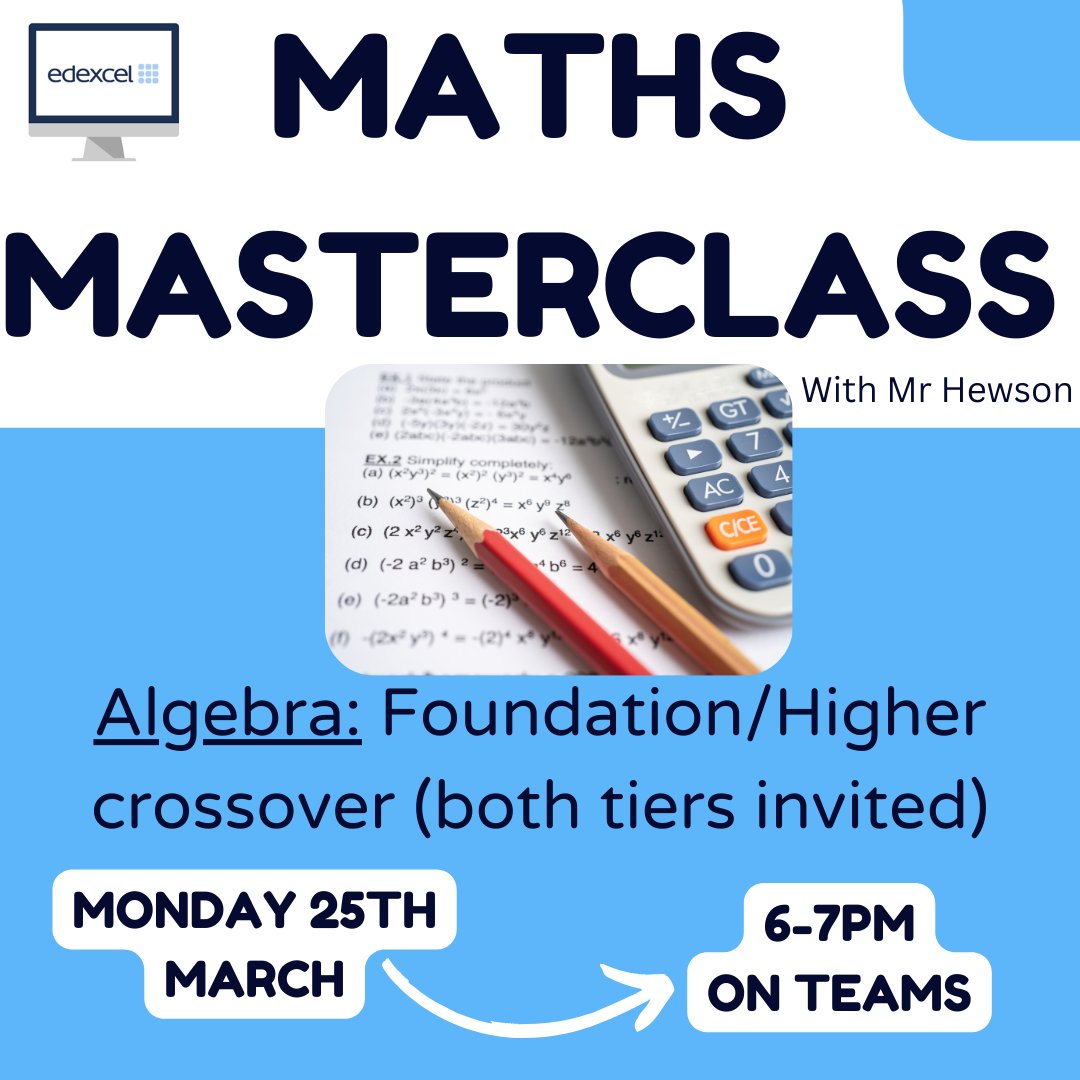 Do not forget we have a trust wide maths masterclass running this evening. Be there, or be 'pi r squared!' 6pm-7pm. The link and booklet is on ClassCharts. @consiliumat