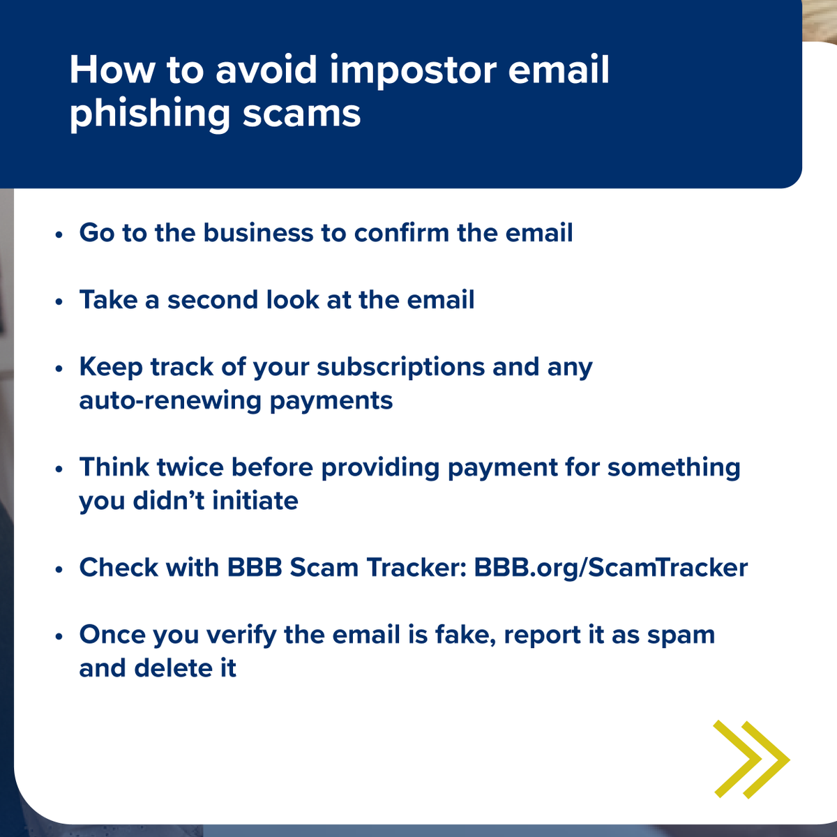 WisconsinBBB's tweet image. Stay alert! Scammers are posing as legitimate businesses in email phishing scams. Protect your personal info with our BBB tips: bbb.org/article/news-r…

#subscriptionscam #bbbalert #bbbscamalert #bbbtip