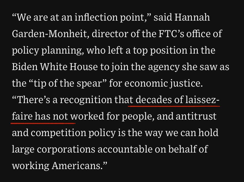 Just read a WSJ article on the FTC—apparently, we have had decades of laissez faire. I had no idea! Why don’t we remove the special privileges given to big business instead of using antitrust? Less entry barriers and open competition is the key, not attacks on economies of scale.