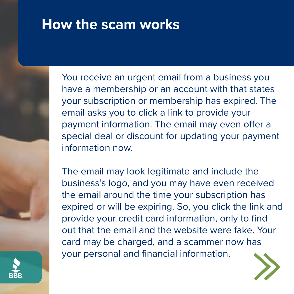 WisconsinBBB's tweet image. Stay alert! Scammers are posing as legitimate businesses in email phishing scams. Protect your personal info with our BBB tips: bbb.org/article/news-r…

#subscriptionscam #bbbalert #bbbscamalert #bbbtip