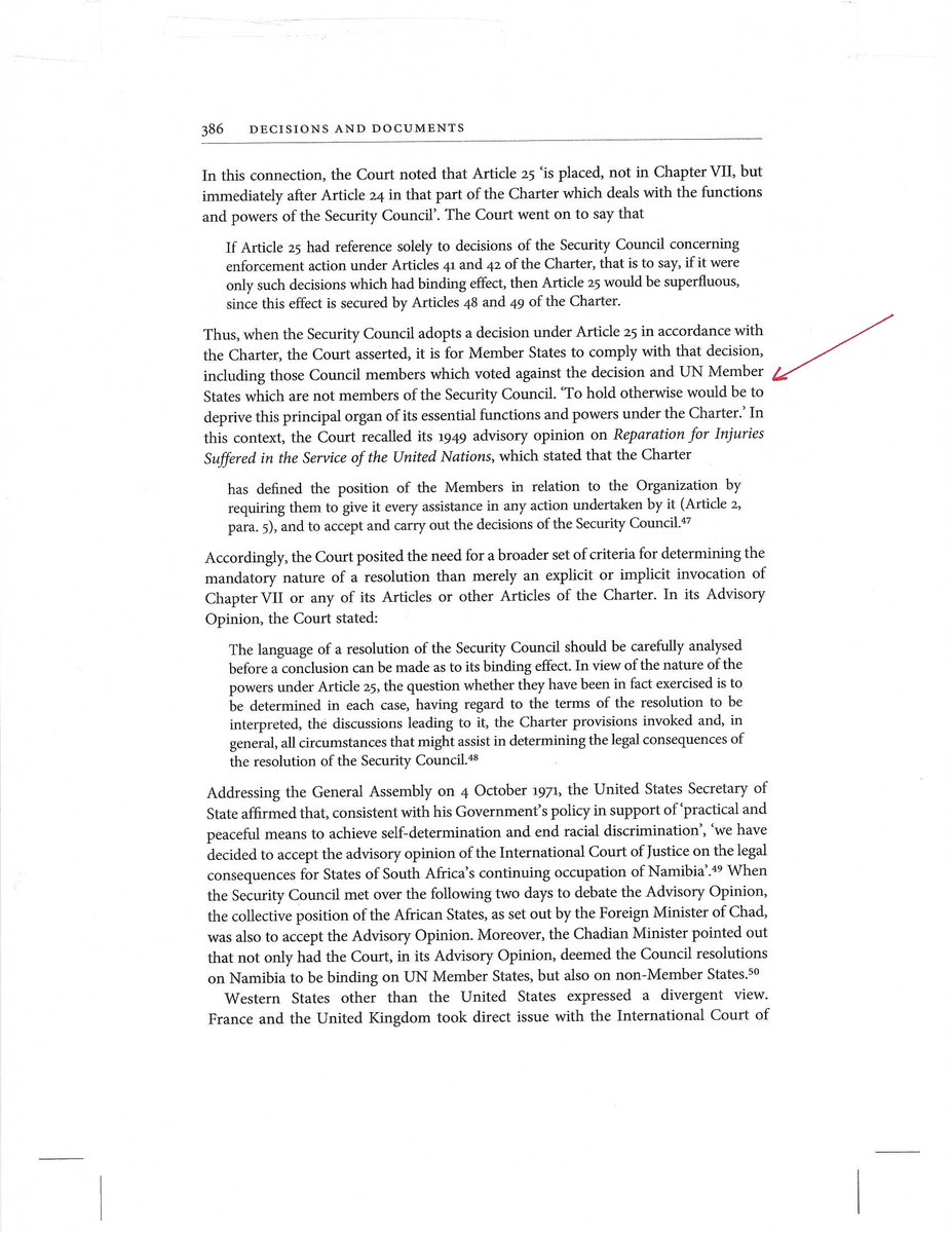 SCProcedure's tweet photo. Our book's pages on ICJ Namibia opinion:
ICJ "explicitly rejected" view that obligation of Member States under Art.25 to carry out SC decisions applied only to enforcement measures adopted under Ch.VII.
ICJ: "It is not possible to find in the Charter any support for this view." https://t.co/syW4MGi7Xe