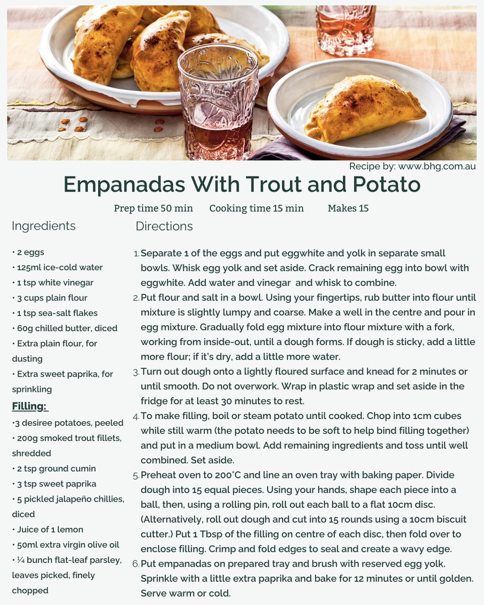 Celebrate National Empanada Day with our delicious smoked trout! 🐟 Try out this wonderful dish using our smoked trout fillets. This recipe is by bhg.com.au. If you make this recipe, tag us! We would love to see it! More delicious trout recipes on our website! 🥟🐟