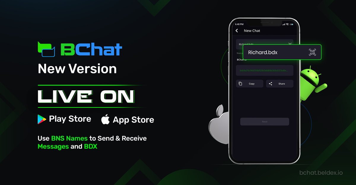 #BChat Mobile App Supports BNS Names‼️

On the BChat for Android &amp; iOS you can now,
✨Send and Receive Messages Using BNS Names on BChat
✨Send and Receive BDX Using BNS Names on the Integrated BChat Wallet

Update Now ⤵️
Android: play.google.com/store/apps/det…
iOS: