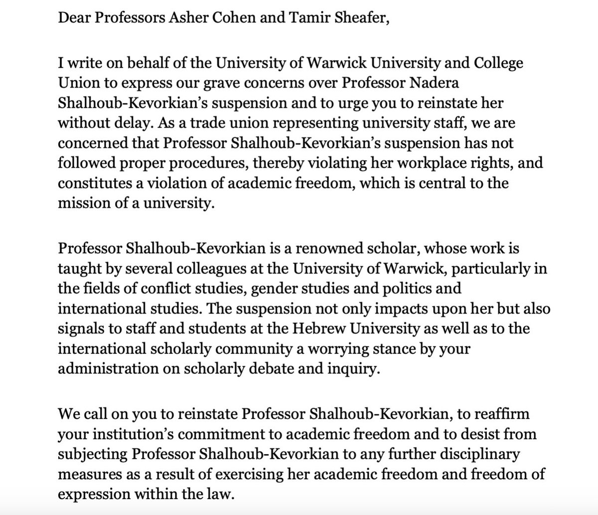 Today we sent a letter to the Hebrew University calling for reinstatmenrt of Professor Nadera Shaloub-Kevorkian. Please share and consider sending one from your local branch.