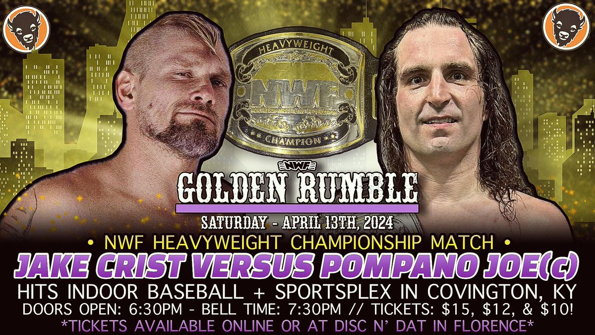 With <a href="/pompanojoe/">Pompano Joe</a> still NWF Heavyweight Champion after this past weekend in Ludlow, he must now look forward to defending against <a href="/TheJakeCrist/">Jake Crist</a> on April 13th at <a href="/Hitsindoorbase1/">Hitsindoorbaseball</a> in Covington, KY!

🎟: nwfwrestling.com/events

🚪: 6:30 pm
🔔: 7:30 pm