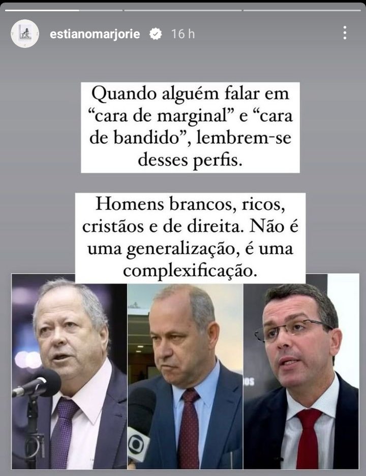 Marjorie Estiano via Instagram: 'Quando alguém falar em cara de marginal e cara de bandido, lembrem-se desses perfis. Homens brancos, ricos, cristãos e de direita. Não é uma generalização, é uma complexificação.'