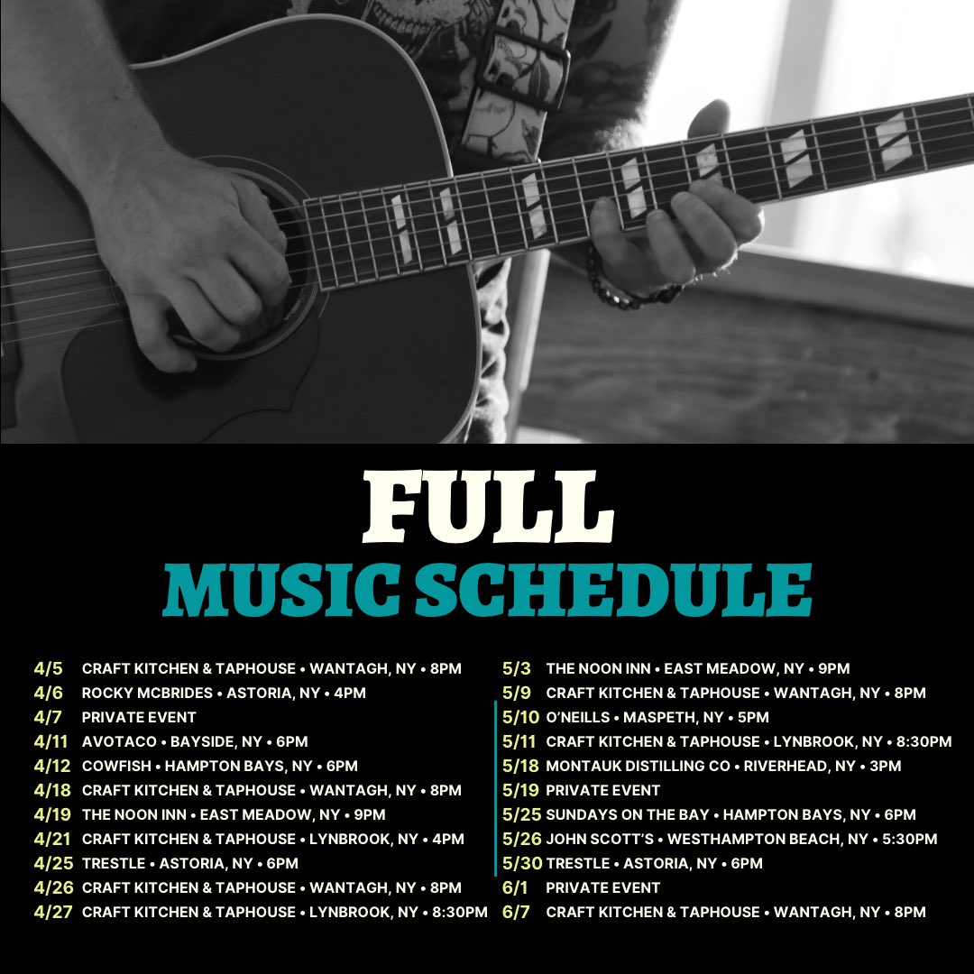 imtjfox's tweet image. Here is my entire music schedule from now until the end of September! It’s going to be an amazing few months! 🎶 
New dates/cancellations will be updated here regularly
#livemusic #ny #longisland #acoustic #gibsonguitars #acousticmusic