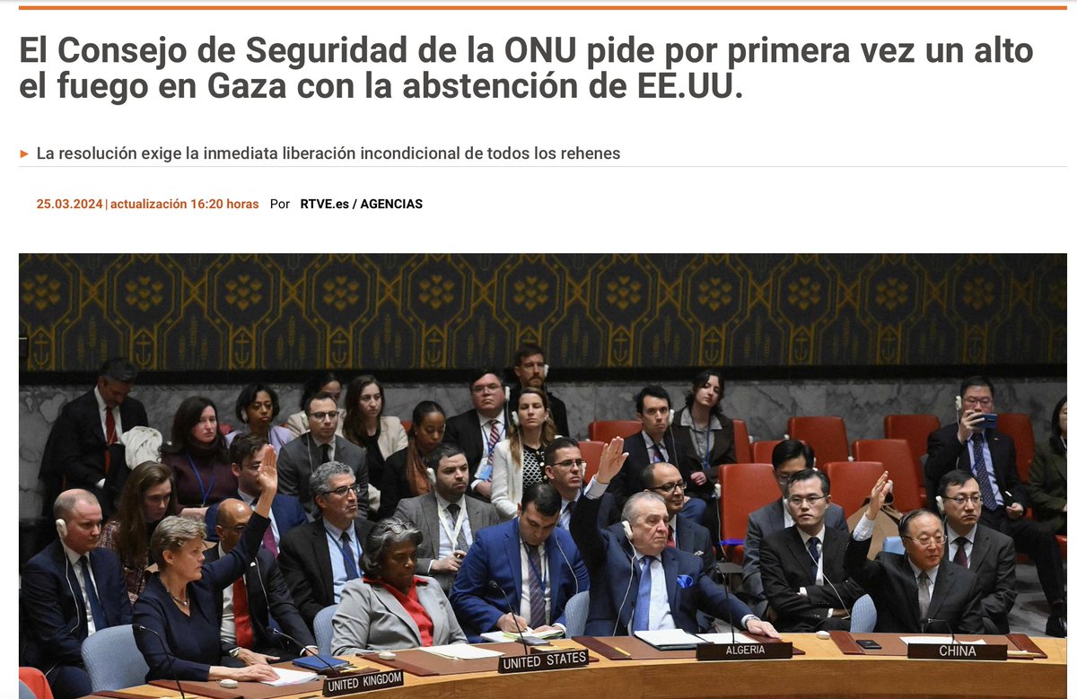 🇵🇸🇺🇳 LA MOVILIZACIÓN POPULAR ES EFECTIVA, NO PAREMOS El Consejo de Seguridad de la ONU aprueba, por primera vez desde el inicio del genocidio, un “llamamiento a un alto el fuego inmediato” en #Gaza. EEUU no ha sido capaz de vetarlo de nuevo porque no puede evitar la creciente…