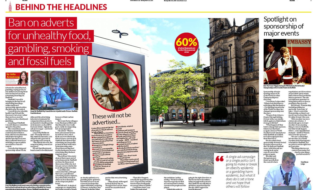 Nice @SheffieldStar design by Will Froggatt as @JuliaAArmstrong reports on @SheffCouncil banning adverts for unhealthy food, gambling and smoking. Director of public health @felly500 said the idea was to 'set a tone' rather than see it as a cure for obesity and gambling problems.
