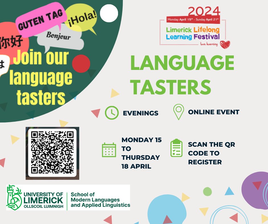 Languages @ UL (@mlal_ul) on Twitter photo Join us for one or several language taster session(s) during the #LLLFestival2024
Choice of languages including Chinese, Japanese, French...
✍️Registration: forms.office.com/e/JxCxN6SAxA
Info ⬇️ & ul.ie/artsoc/mlal/pr…
#LanguageLearning
#LearnGrowExplorein2024
<a href="/LimkLearnFest/">Learning Limerick</a>
<a href="/UL/">University Of Limerick</a> Join us for one or several language taster session(s) during the #LLLFestival2024
Choice of languages including Chinese, Japanese, French...
✍️Registration: forms.office.com/e/JxCxN6SAxA
Info ⬇️ & ul.ie/artsoc/mlal/pr…
#LanguageLearning
#LearnGrowExplorein2024
<a href="/LimkLearnFest/">Learning Limerick</a>
<a href="/UL/">University Of Limerick</a>