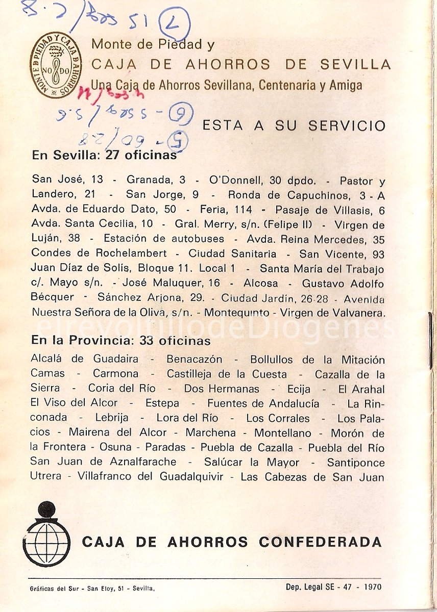 DeRevoltillo's tweet photo. En la contraportada, además del escudo de la entidad, se recogen las 27 oficinas urbanas y 33 de la provincia. Como curiosidad, se identifica “El Arahal” por el Arahal.

Página de horarios del Martes Santo, cuando aún no procesionaba el Cerro. https://t.co/p2PiIMgPX4