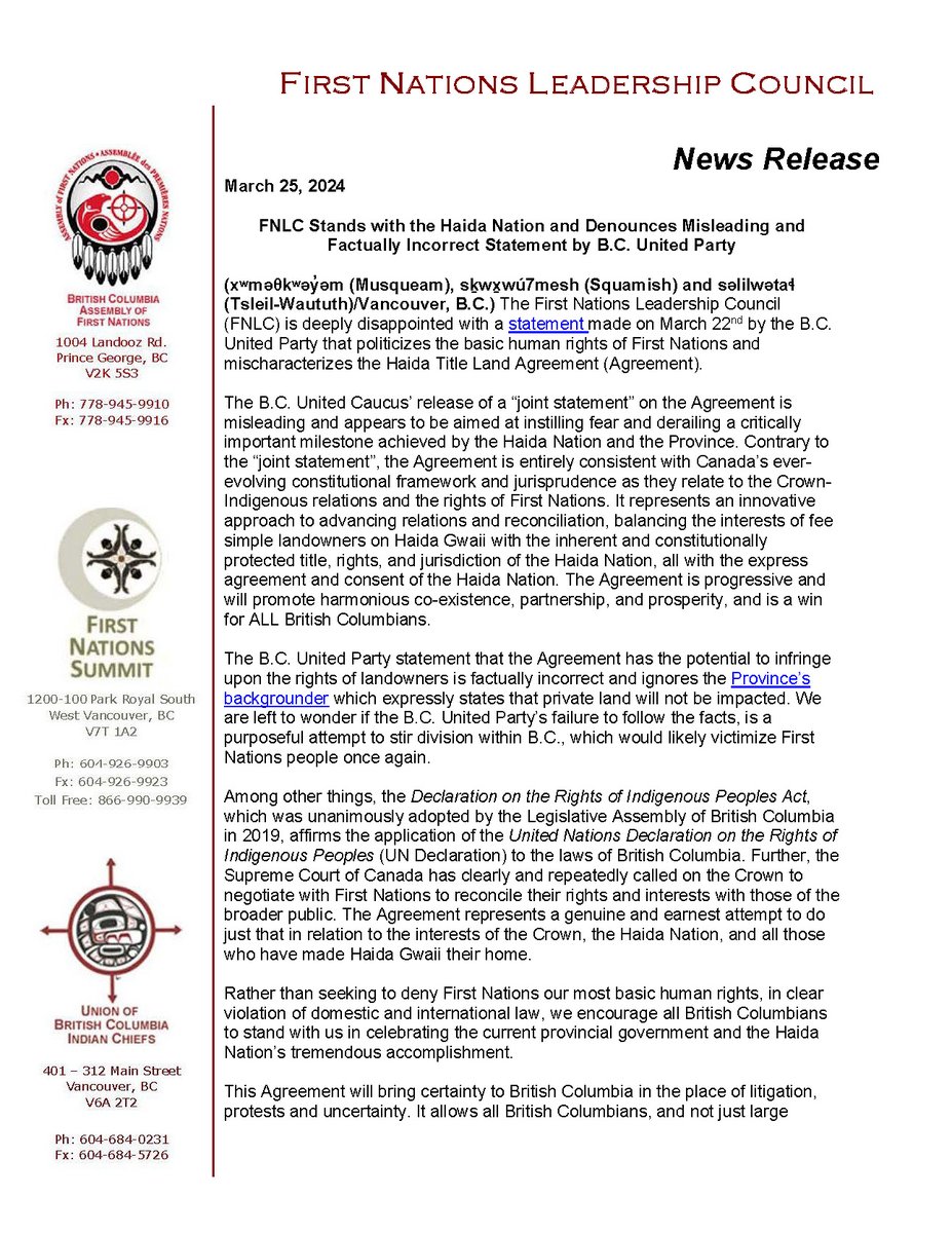 FNSummit's tweet photo. FNLC Stands with the Haida Nation and Denounces Misleading and Factually Incorrect Statement by B.C. United Party: https://t.co/50kWFVEwDl #bcpoli https://t.co/wSYaJgdICw