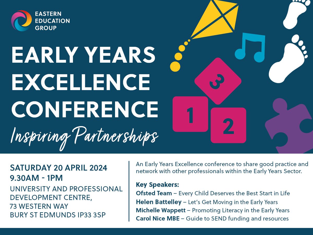 Eastern Education Group are proud to be hosting an Early Years Excellence Conference on Saturday 20 April, 9:30am to 1:00pm.

Open to Early Years professionals at all levels, register for this FREE event here: eventbrite.co.uk/e/early-years-…