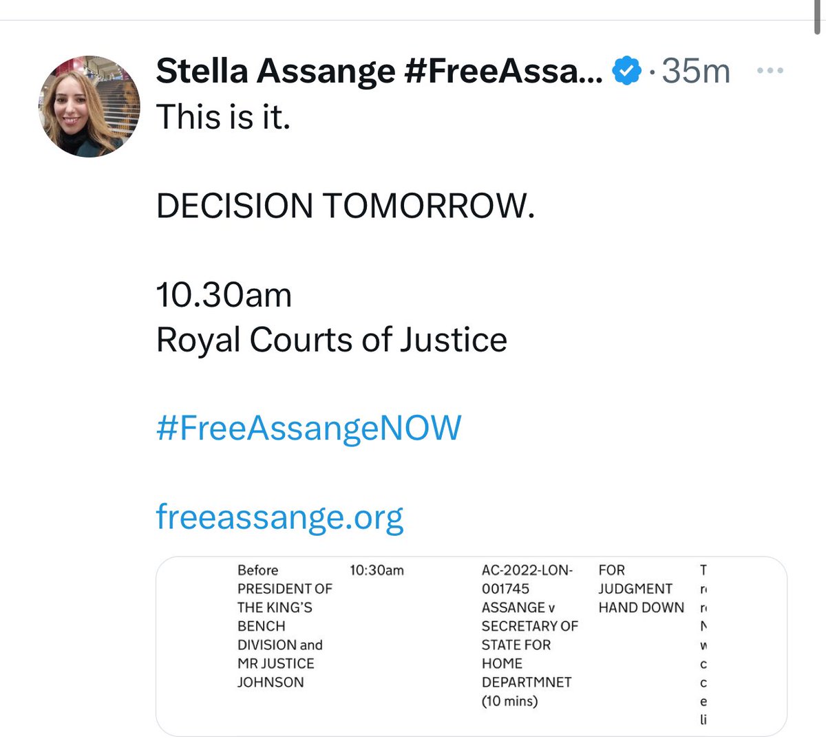 BREAKING: Domani, martedì 26 marzo 2024, verrà emessa una decisione scritta sulla possibilità di accogliere un appello finale nel Regno Unito per l'editore di WikiLeaks Julian Assange La sentenza è prevista alle ore 10.30 #FreeAssangeNOW freeassange.org