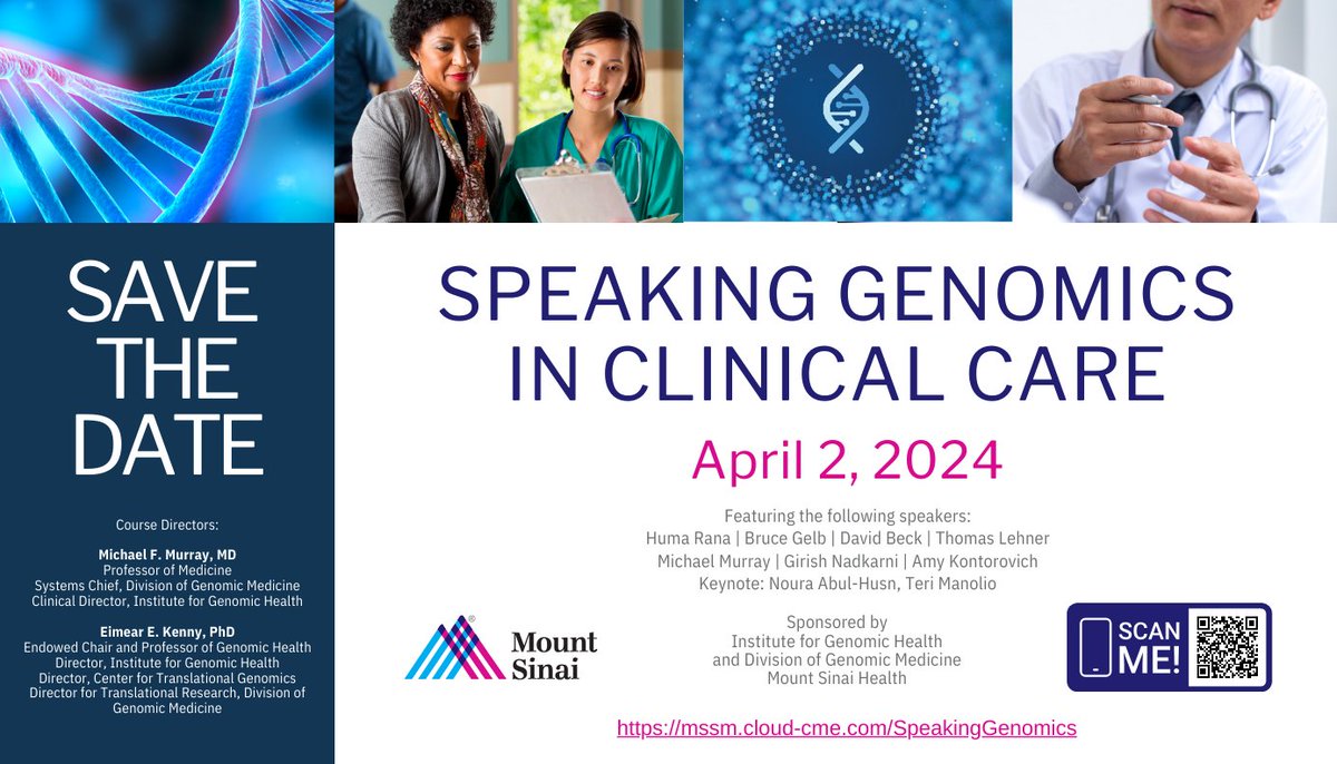 ✨Speaking Genomics in Clinical Care Symposium - CME Event✨

Join us for this full-day in-person event hosted by us and <a href="/DOMSinaiNYC/">Mount Sinai Department of Medicine</a> 

#SpeakingGenomics2024
<a href="/IcahnMountSinai/">Icahn School of Medicine at Mount Sinai</a>
<a href="/MountSinaiNYC/">Mount Sinai Health System</a>
#Genomics #GenomicHealth #GenomicMedicine #WeFindaWay